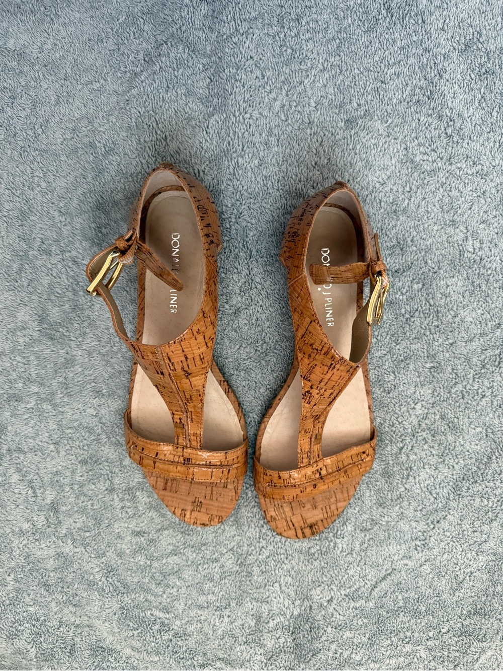 Donald J. Pliner Cork-Textured Tan Wedge Sandals with Gold Buckle Size 7.5M